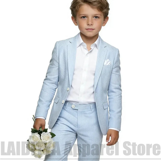 Fashion Striped Boys Single Breasted Two Piece Suit Notched Lapel Wear Kids Summer Wedding Page Boy Birthday Party Outfit