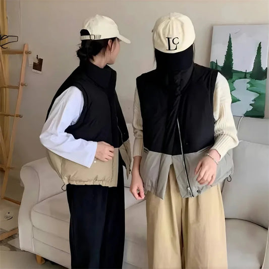 Autumn Winter Female Cotton Padded Sleeveless 2025 Lady Fashion Down Cotton Vest Jacket Women Patchwork Parkas Waistcoat Outwear