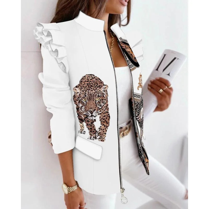 Autumn Winter Long Sleeve Print Blouse Women's Slim Fit Suit Jacket with Lace Hem Zipper Closure Fashionable Elegant Style