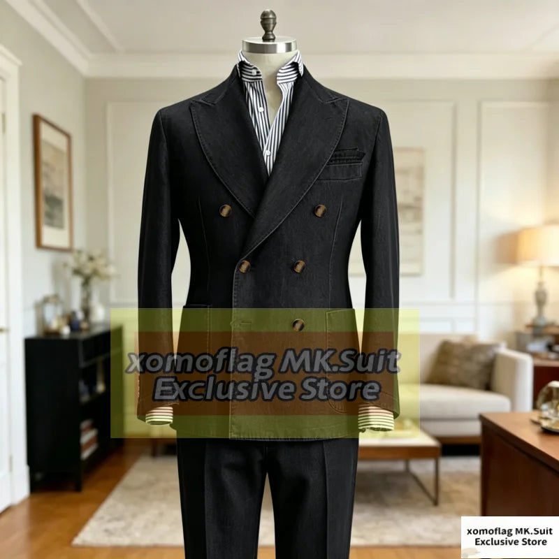 Men's Denim Suit Set Double Breasted Slim Fit Blazer and Trousers for Men