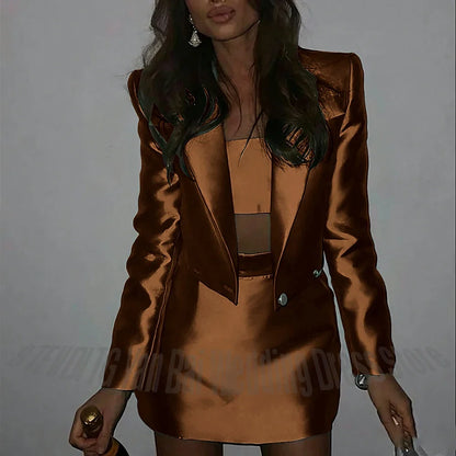Vintage Women's Suits Set Retro Charm Slim Fit Single Button Above Knee Length Short Skirt With Jacket Casual Two Pieces