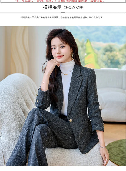 Fashion Women Suits 2024 New Autumn Winter Temprament Business Formal Slim Blazer And Flare Pants Office Ladies Work Wear