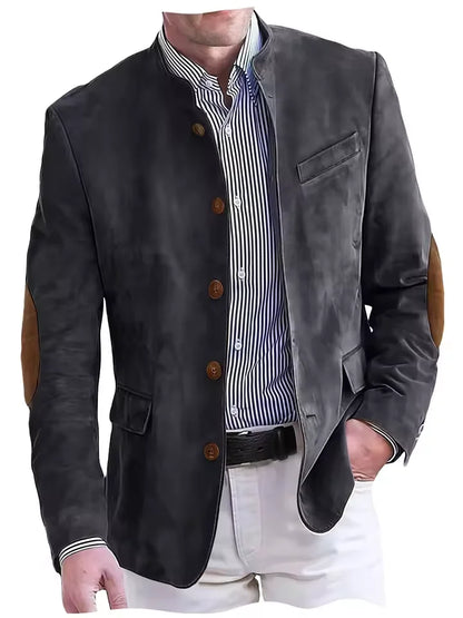 Vintage Men's Suede Blazer Elbow Patch Slim Fit Mandarin Collar Textured Fabric Jacket Business Casual Wedding Party Coat