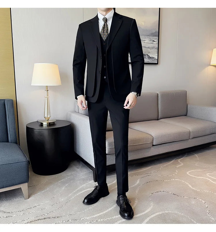 British Style Fake Two-piece Suit Set Men's Wedding Groom Dress 3 Piece Set Suit Vest Trousers Slim Office Business Casual Suits
