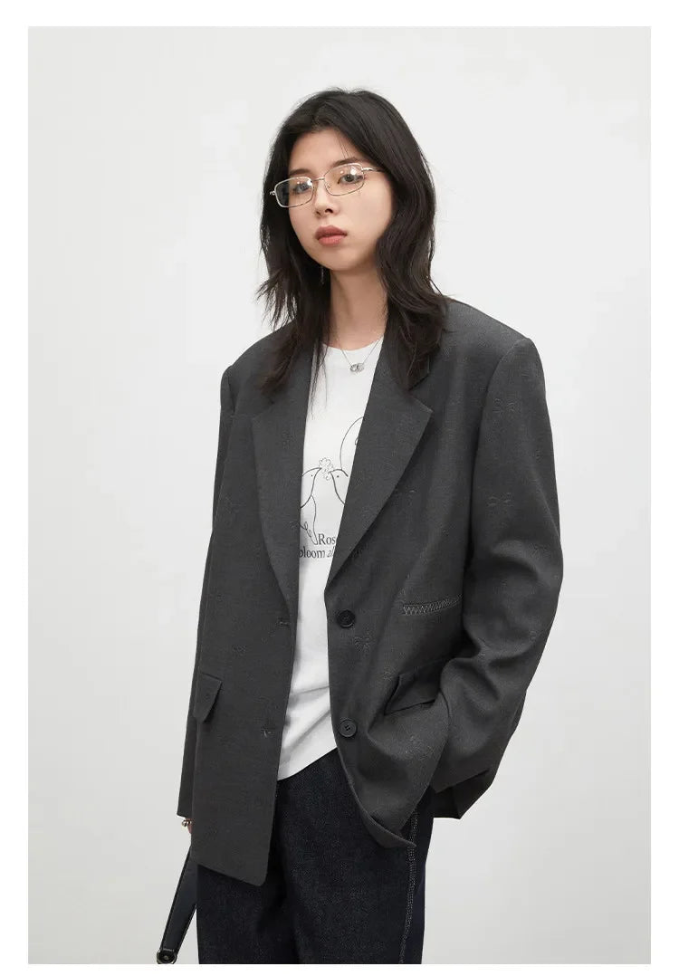 Fashion Women Blazers Loose Casual Design Bow Embossed Office Ladies Suit Jacket Gray Spring Autumn 2026 Female Coat