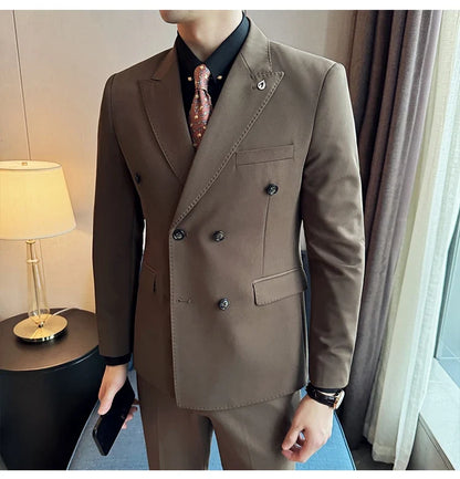 Men's Double Breasted Slim Fit Suit Set – Wedding & Smart Casual – Navy Blue, Brown, Black