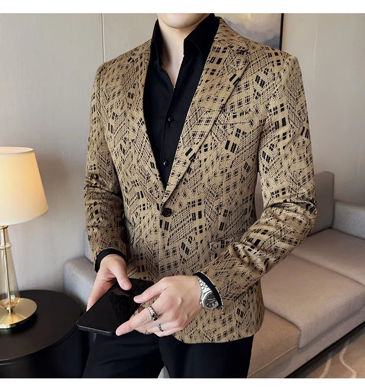 Korean Slim Fit Casual Suit Jacket for Men Fashion Camouflage Business Social Blazers Wedding Streetwear Dress Coat Men Clothing