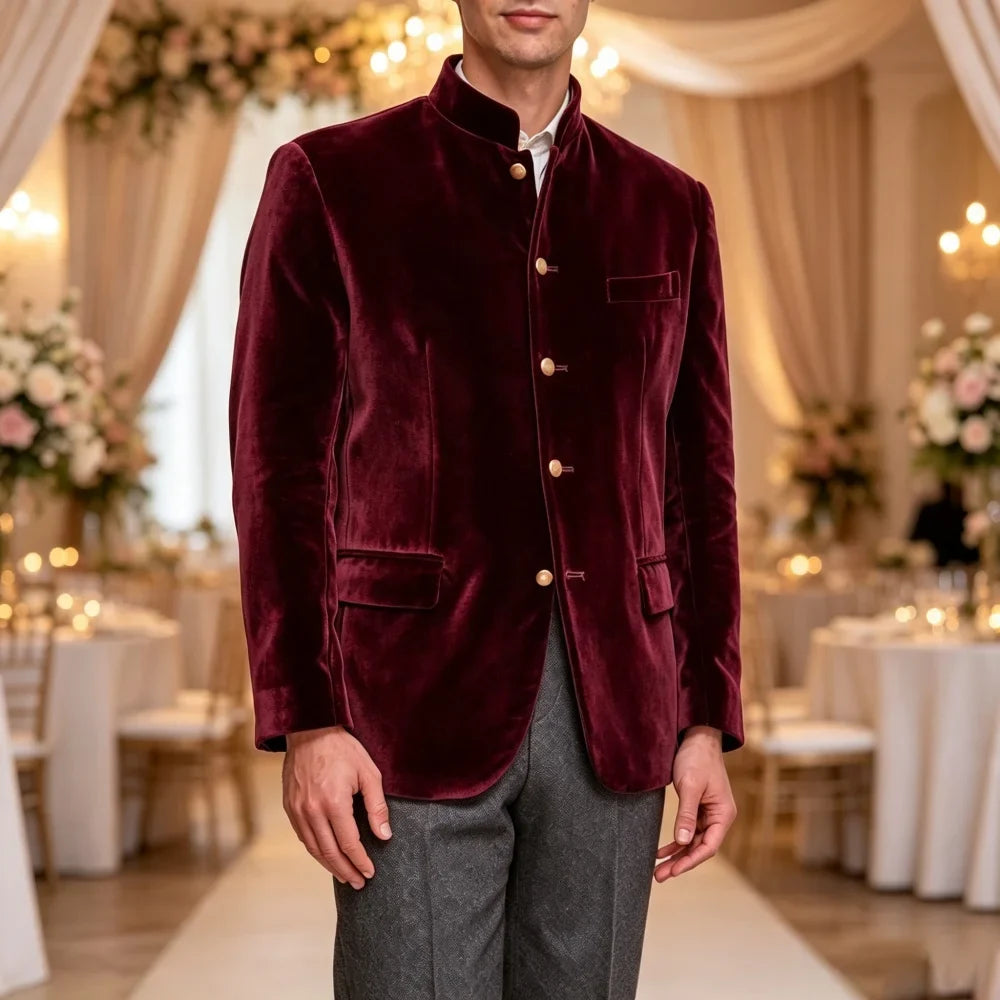 Single Breasted Velvet Suit Jacket Men with Stand Collar 1 Piece Fashion Blazer for Wedding Prom Formal Gentleman Suit Wear