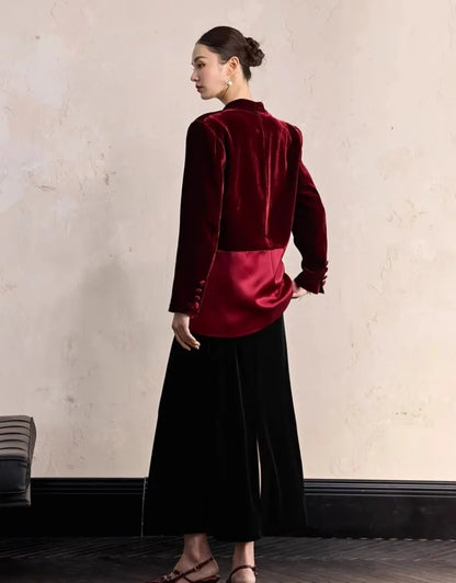 One Button Velvet Spliced Women Blazers Contrast Color Suit Jacket V-Neck Work Lady Loose Fit Outerwear Long Sleeve Autumn Coat