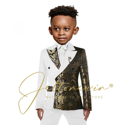 Black And Gold Floral Wedding Boys Suit Double Breasted Formal Kids Blazer Set Party Dress Child Tuxedo Jacket Pants 2 Piece Set