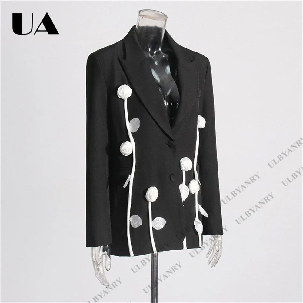 Unique Design Women’s Blazer – Black, 3D White Rose, Long Sleeve, Button Closure, Work Date Jacket Office Casual Jacket