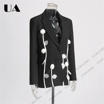 Unique Design Women’s Blazer – Black, 3D White Rose, Long Sleeve, Button Closure, Work Date Jacket Office Casual Jacket