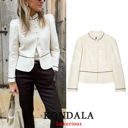 Holiday Casual Elegant Women Slim Blazer Patchwork Stand Collar Single Breasted Blazer Fashion 2026 Spring Summer Blazer