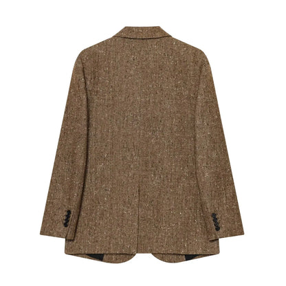 Woman Winter Lapel Pocket Decoration Single Breasted Long Sleeves Herringbone Twill Blazer Female Leisure Street Style Coat