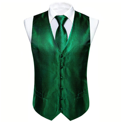 Men's V-Neck Vest 5-Piece Accessory Set – Emerald Grid Pattern for Holiday Balls & Banquets