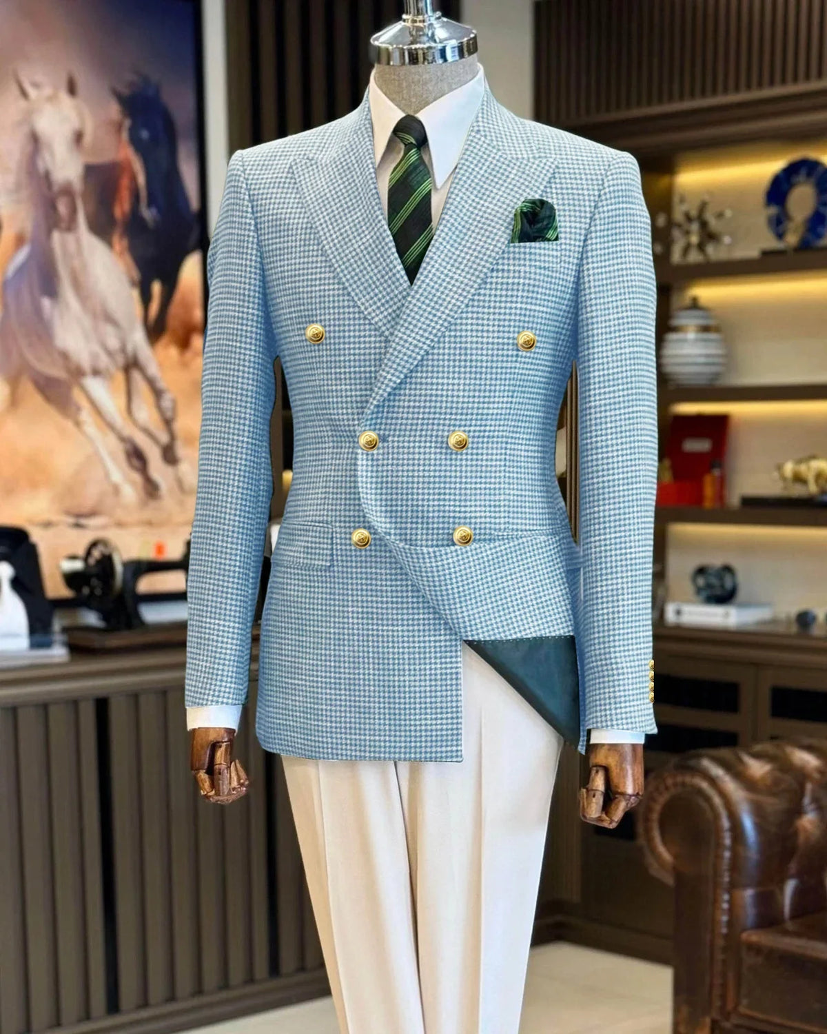 Black Men's Suit Jacket Houndstooth Peak Lapel Double Breasted Business Regular Fit Blazer Man plus size custom suit Coat