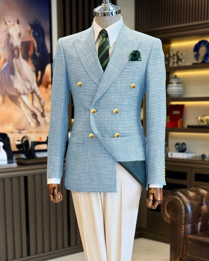 Black Men's Suit Jacket Houndstooth Peak Lapel Double Breasted Business Regular Fit Blazer Man plus size custom suit Coat