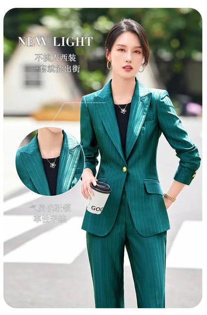 Professional Women's Suit2024New Autumn Green Striped Acetate Suit Workwear Elegant High-end Workplace Formal Wear