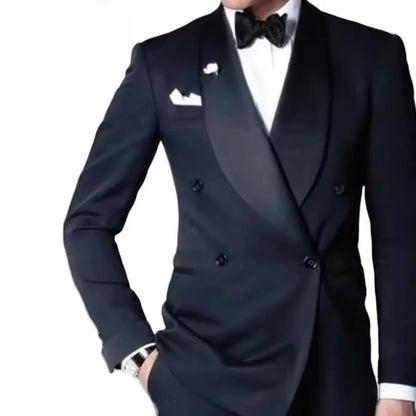 Premium Navy Blue Custom Tailored Wedding Suit for Men 2-Piece Double-Breasted Peak Lapel Blazer & Pants Groom Tuxedo