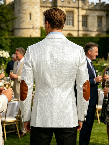 Men's Faux Leather Blazer  Crocodile Pattern Printed Sports Coat Jacket with Elbow Patch  For Party Prom Banquet Wedding Office