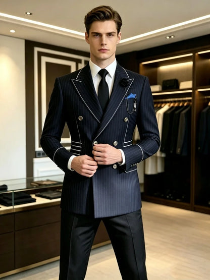 Men's Slim Fit Navy Blue Pinstripe Blazer Strip Double Breasted Business Casual Formal Party Banquet Wedding Groom Stage Jacket