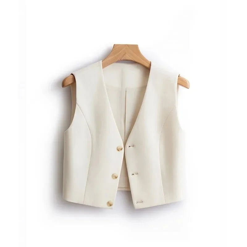 Women Fashion Leisure V-neck Lined Waistcoat Korean Female Short Suit Sleeveless Spring Autumn Lady Solid Color Blazer Vest Tops