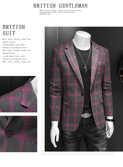 2025 Slim Fit Men's Casual Suit Handsome Fashion Plaid Blazer Polyester Business Wedding High-Quality Male Attire