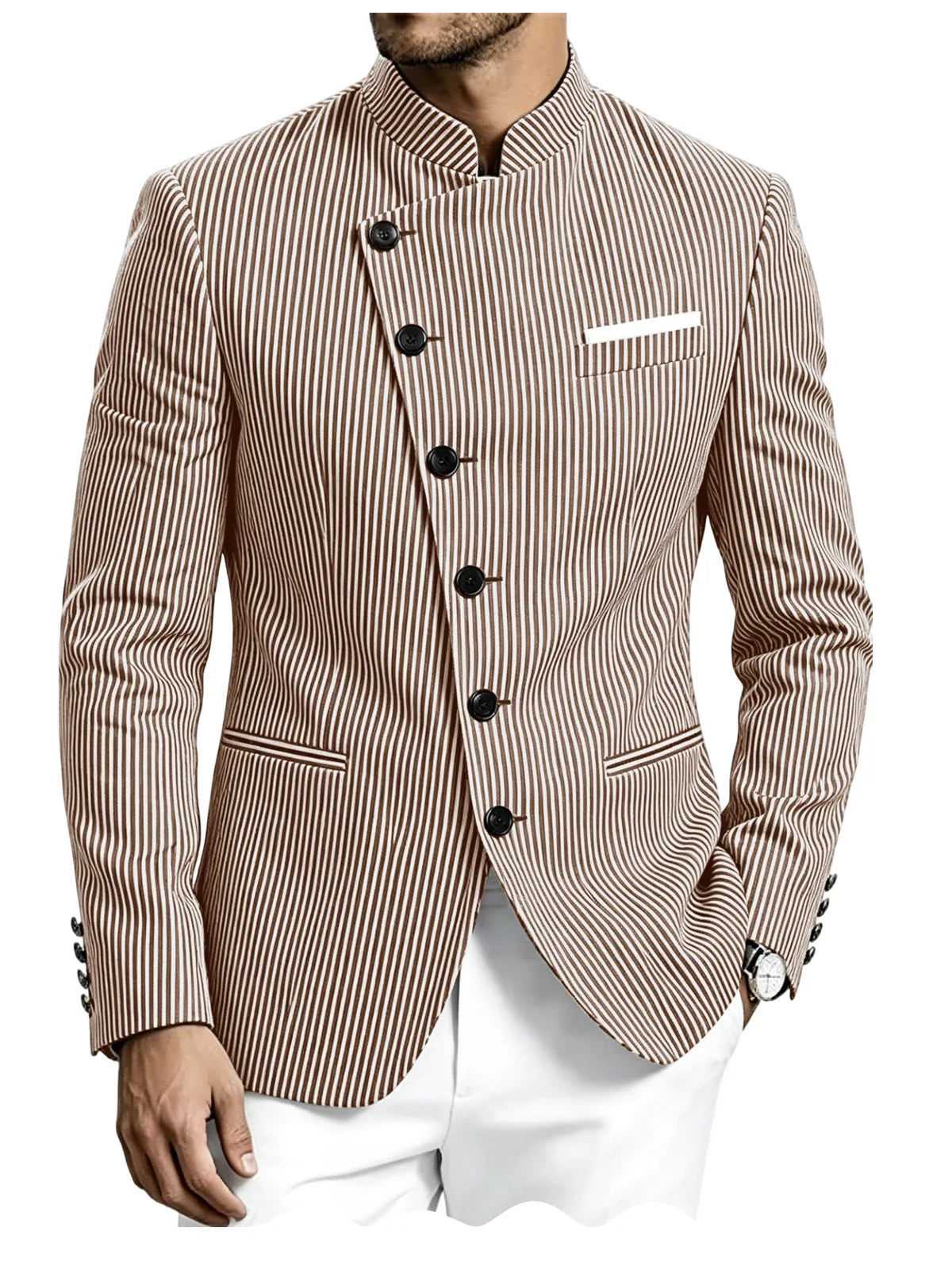 Men Mandarin Collar Suit Jacket Stand Collar Asymmetrical Single Breasted Men Blazer Slim Fit Business Formal Coat For Business