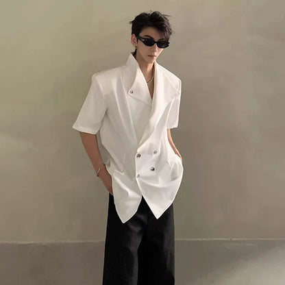 2026 Summer Fashion Double Breasted Solid Color Short Sleeve Blazer Coat Men's Elegant Temperament Korean Clothes JY6389