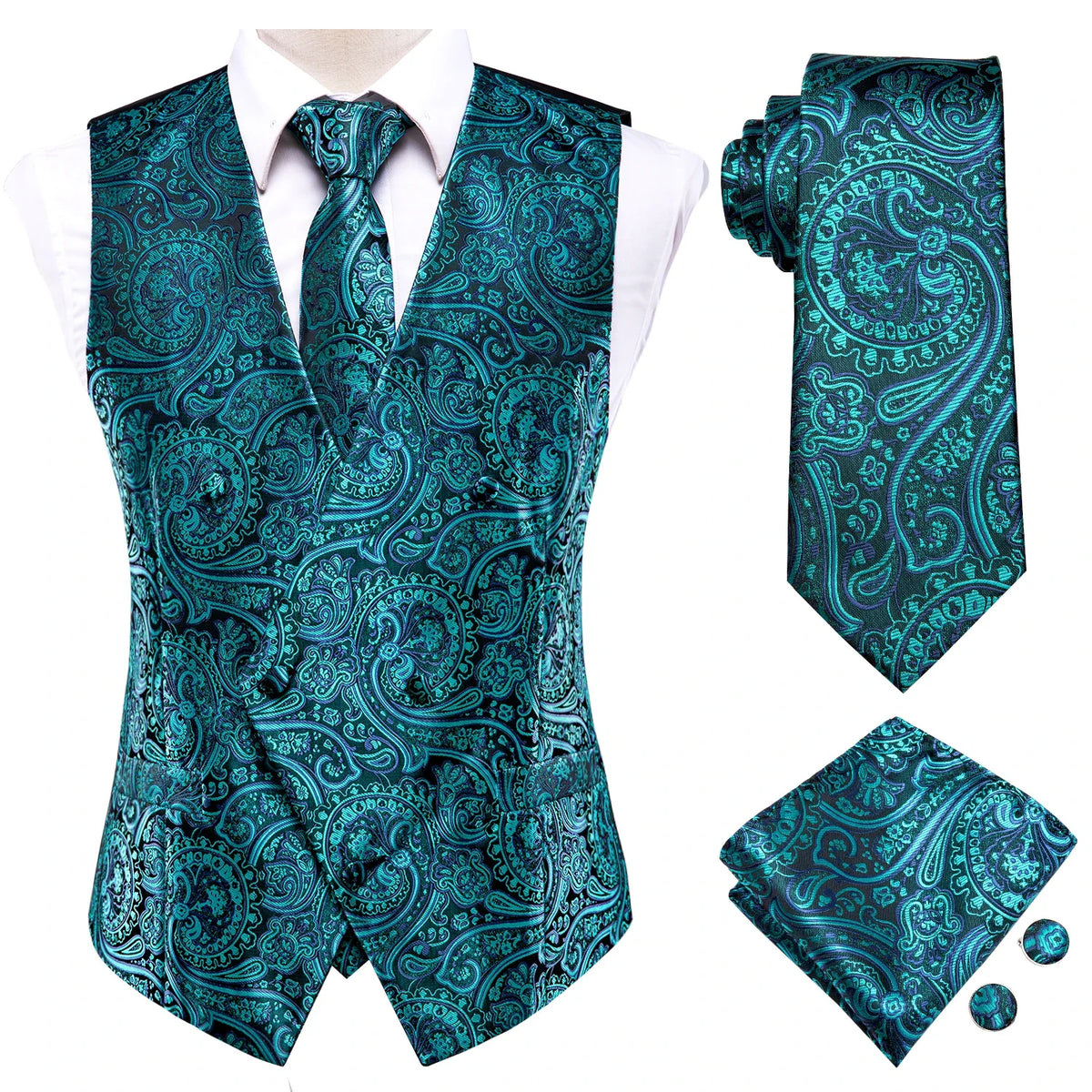 Men's Paisley Vest 4-Piece Set – Slim Fit Waistcoat with Necktie, Pocket Square & Cufflinks for Weddings