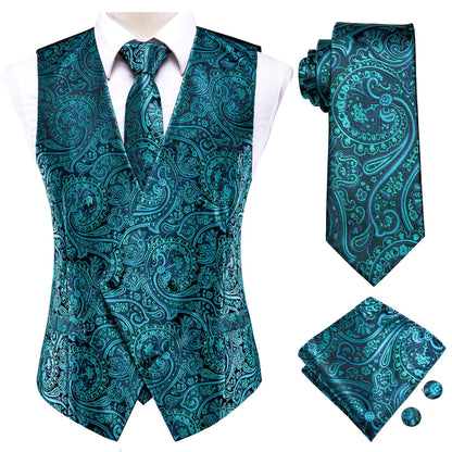 Men's Paisley Vest 4-Piece Set – Slim Fit Waistcoat with Necktie, Pocket Square & Cufflinks for Weddings