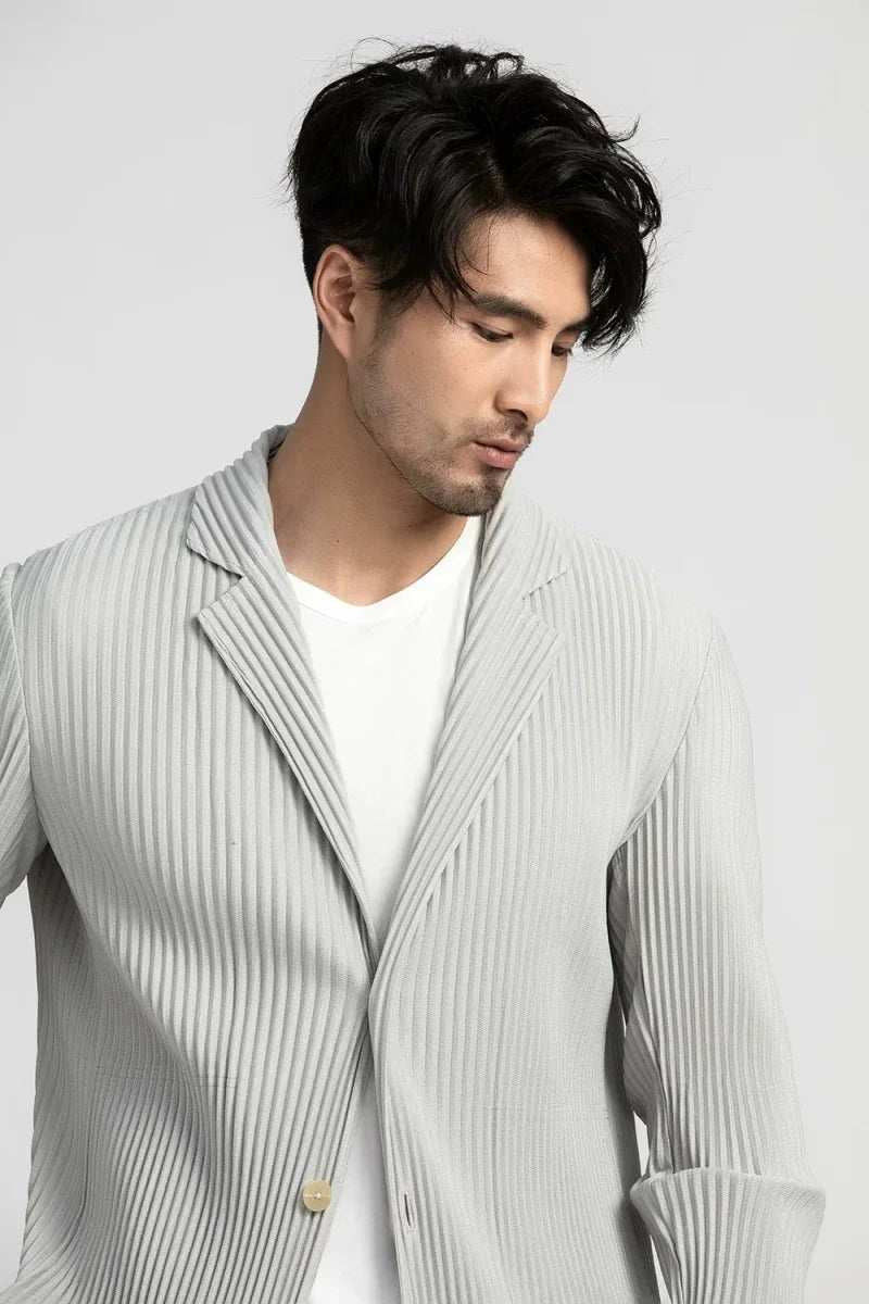 Men's Miyake Pleated Style Blazer Jacket Japanese Casual Stretch Slim Fit Business Office Fashion Luxury Wrinkle Resistant Coat