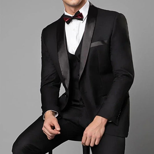 Black Shawl Lapel Formal Wedding Elegant Men Suits Groom Tuxedo Prom Slim Fit Blazer Hombre High Quality Custom 3 Piece Set