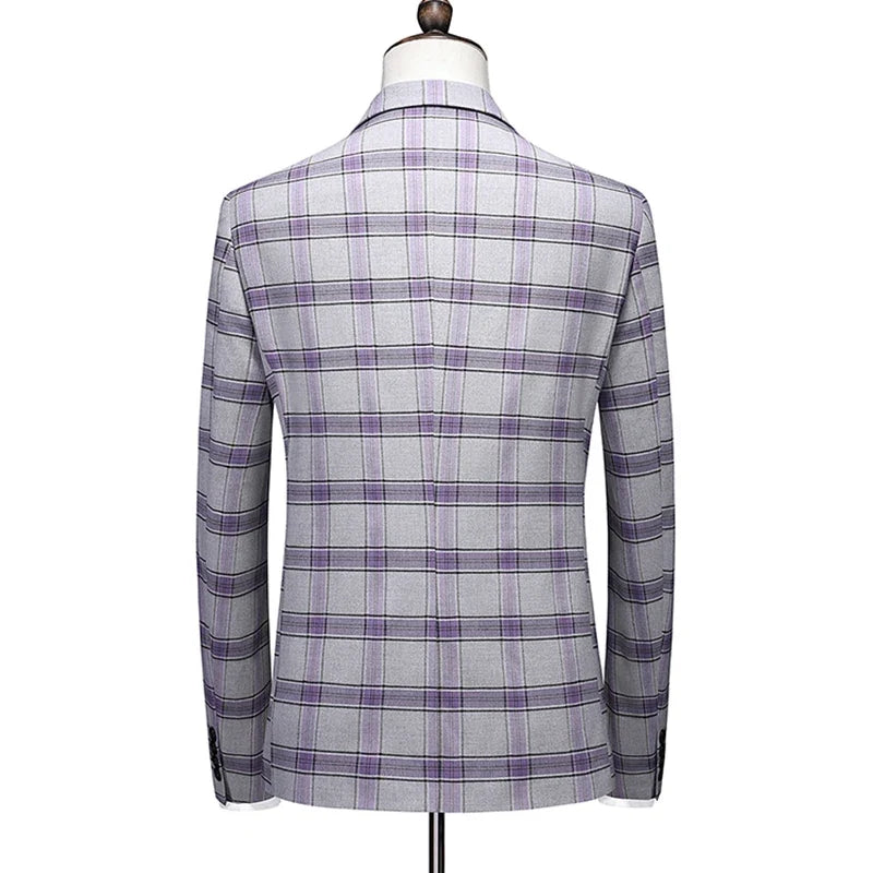 Men's Three-Piece Plaid Suit Set – Slim Fit Wedding & Business Formal with Vest and Trousers