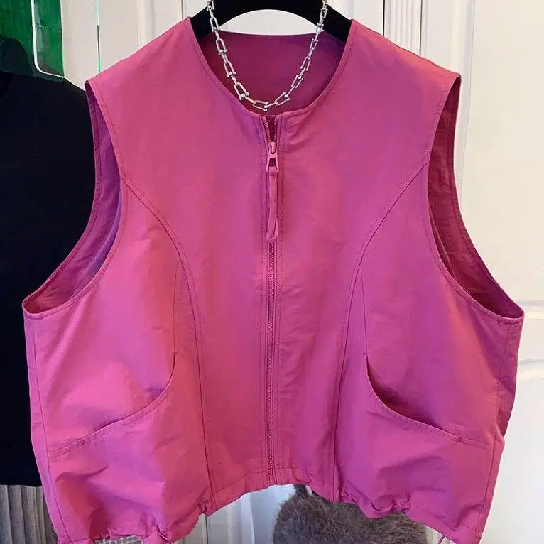 Women's Vest 2026 New Solid Color Round Neck Zipper Loose Sleeveless Jacket Vest Female Casual Tops Ladies Waistcoat Outerwear