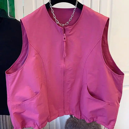 Women's Vest 2026 New Solid Color Round Neck Zipper Loose Sleeveless Jacket Vest Female Casual Tops Ladies Waistcoat Outerwear