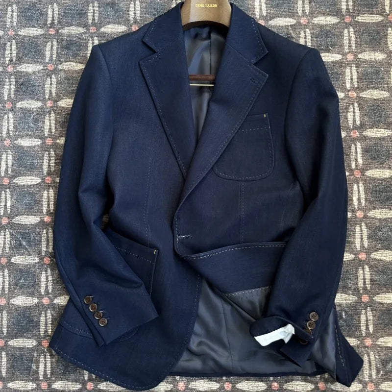 Business Men Office Work Denim Blue Lapel Single Breasted Blazer Jacket Casual Italian Style Designer Male Suit Two Piece Sets