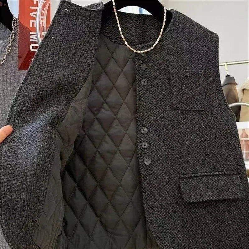 Women O- Neck Woolen Vest Coat European Female Cardigan Cotton Waistcoat Jacket Autumn Ladies Fashion  Sleeveless Tops Outwear