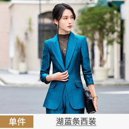 Professional Women's Suit2024New Autumn Green Striped Acetate Suit Workwear Elegant High-end Workplace Formal Wear