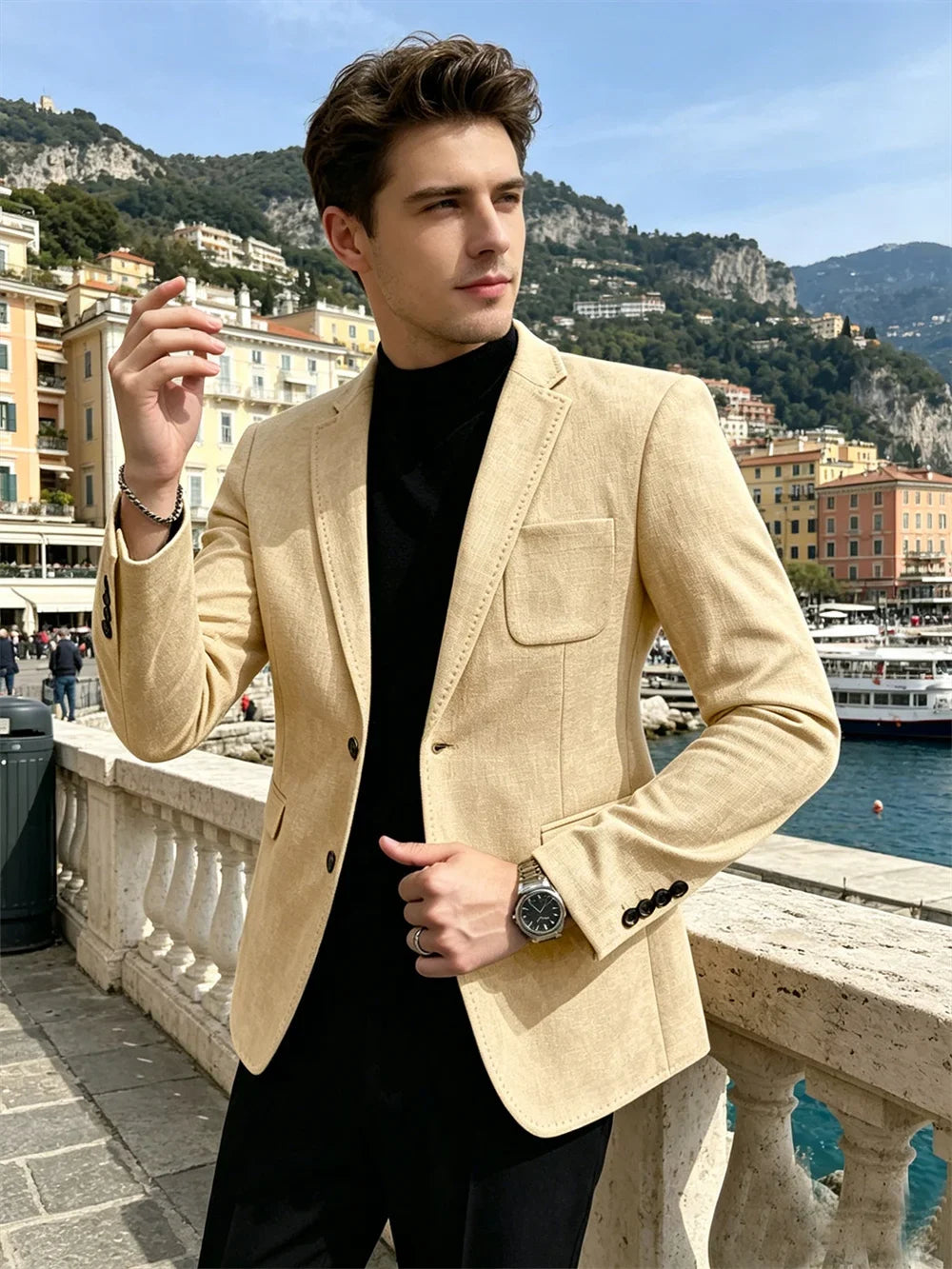 Mens Blazer Linen Blend Notched Lapel 1 Button Slim Fit Stitched Edge Patch Pockets Business Casual Daily Soft Breathable Jacket