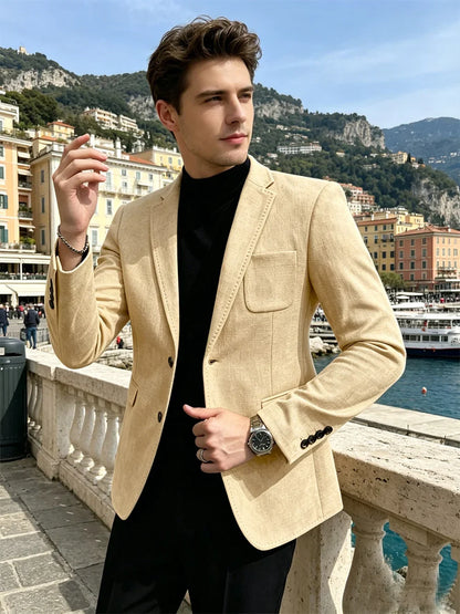 Mens Blazer Linen Blend Notched Lapel 1 Button Slim Fit Stitched Edge Patch Pockets Business Casual Daily Soft Breathable Jacket