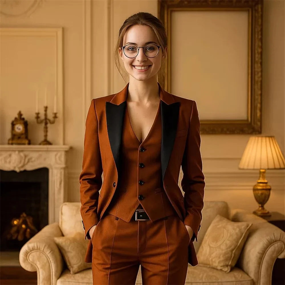 Women’s Rust Three-Piece Suit Tailored Peak Lapel Blazer Waistcoat & Trousers Elegant Formal Wedding Suit Set