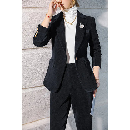 High Quality Fabric Corduroy Formal Women Business Suits OL Styles Professional Pantsuits Office Work Wear Autumn Winter Blazers