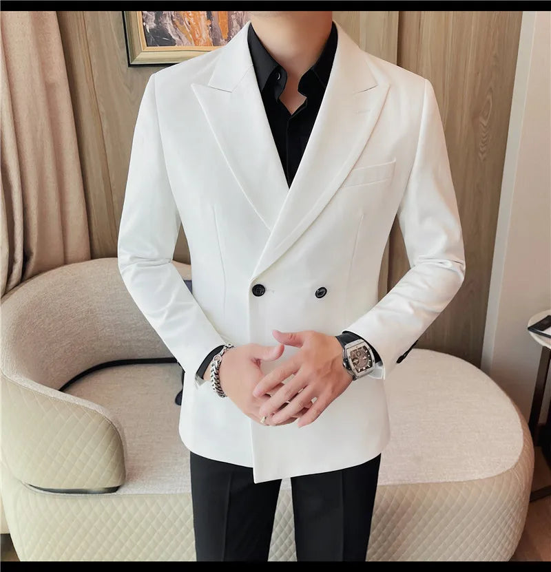 British Style Double Breasted Blazer Jackets Men High Quality Casual Business Suit Jacket Slim Business Wedding Groom Dress