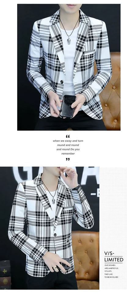 Spring Autumn 2024 Casual Checkered Slim Fit Men's Suit Jacket Korean Style Fashion Handsome Young Men's Clothing