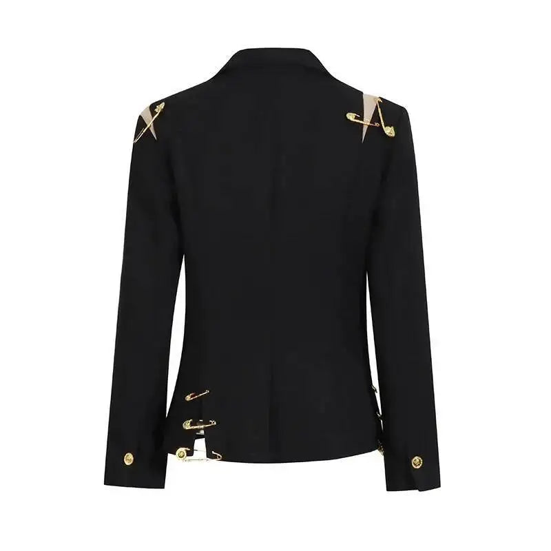 Autumn New Women Chic Blazer Asymmetrical Pin Design Single Button Slim Fit Elegant Fashion Office Lady Stylish Coat HK9876