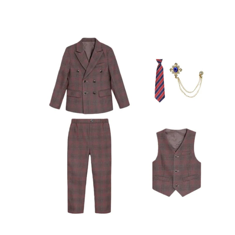 Boys Formal Wedding Birthday Prom Suit Set With Jacket Vest Pants Tie Brooch Children's Piano Host Speech Performance Costume
