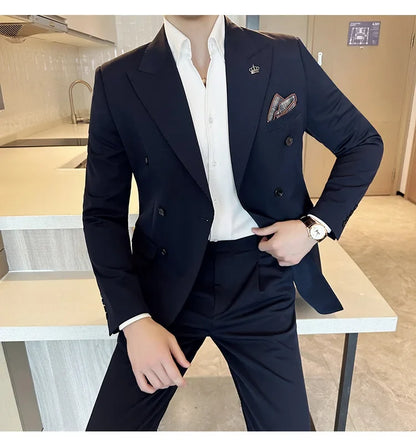 (Blazer + Trousers) Fashion Double Breasted Design Slim Men's Suit Italian Style Luxury Wedding Social Party Tuxedo 2 Piece Set