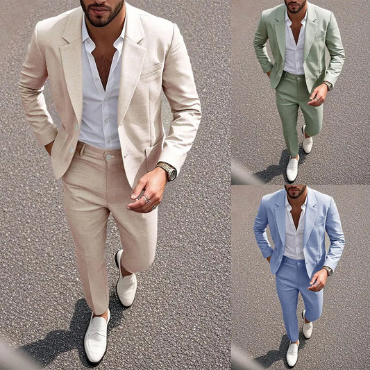 Spring Summer Men's Formal Suit Set European Sizes Solid Color Elegant Banquet Light Business Dress for Men