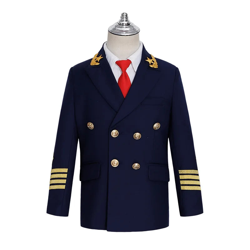 Boys Grils Pilot Uniform Suit Kids Formal Jakcet Pants Tuxedo Wedding Dress Children Birthday Photography Outfit Set